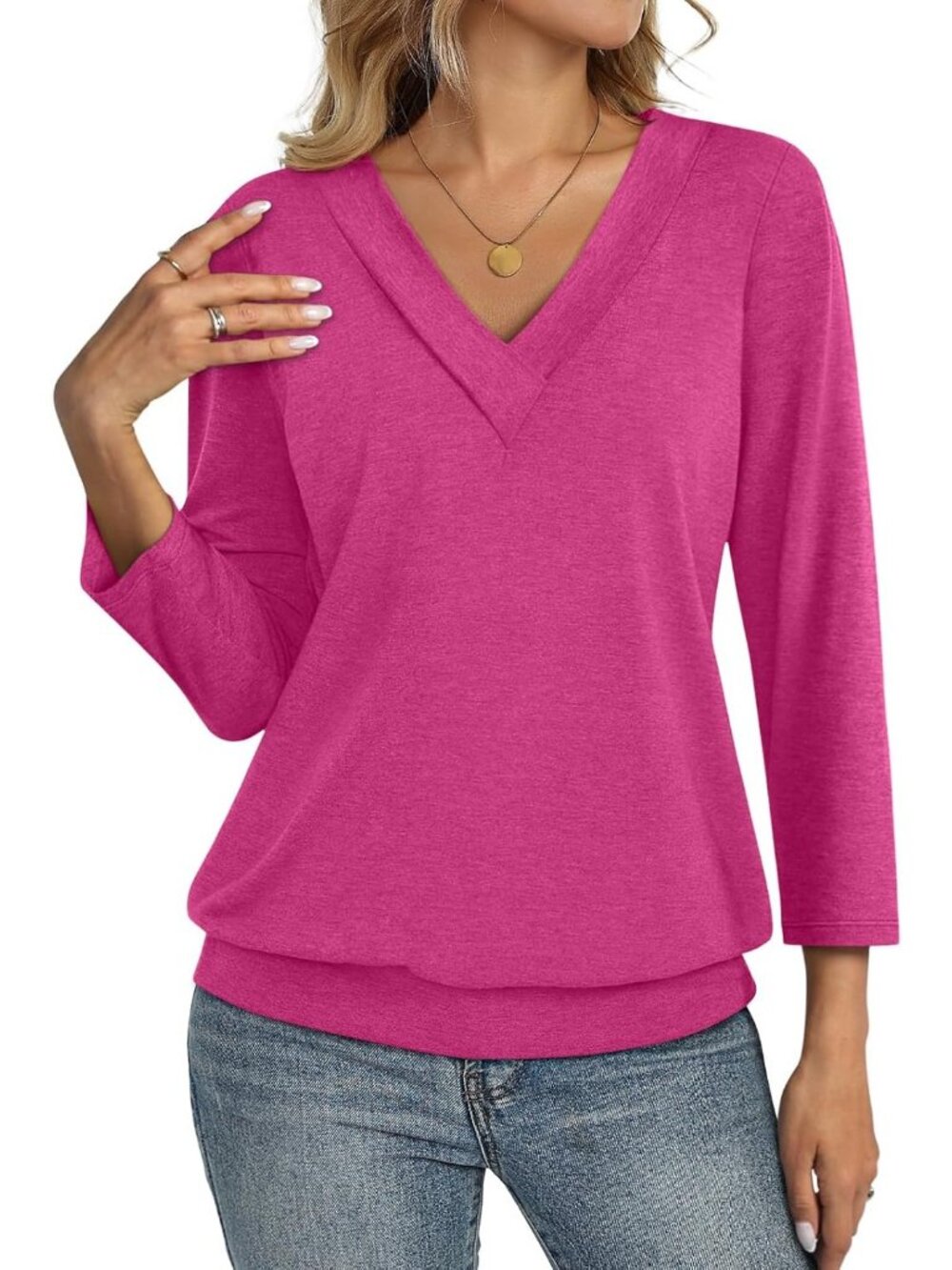 Women's Hot Pink V Neck Cotton Banded Bottom 3/4 Sleeve Shirts Casual Blouses